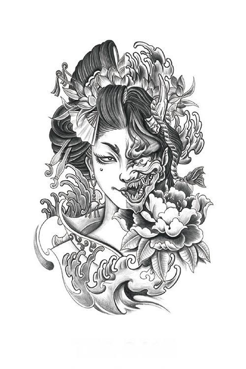 Half Demon Geisha Temporary Tattoo - INKARTISAN