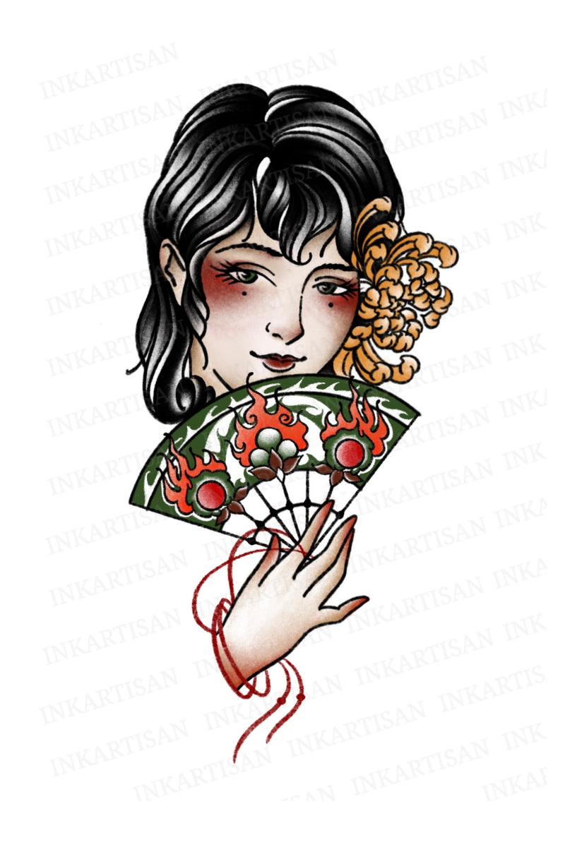 Geisha's Burning Grace Temporary Tattoo - INKARTISAN